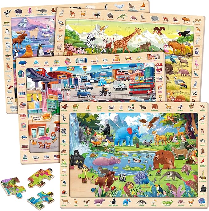 SYNARRY Wooden Puzzles for Kids Ages 4-6, 4 x 60 Piece Match & Find Puzzles for Kids Ages 3-5 Boys Girls, Educational Toys Gifts for 4-8 yo for Learning Jungle Savannah Polar Animals & City Life