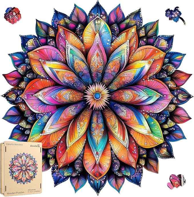 Wooden Puzzle Geometric Colorful Mandala-500 Pieces Round Blue Board Colorful Mandala Jigsaw Puzzle Royal Unique Shape Puzzles, Irregular Puzzle Creative Gift for Adults(16.7 * 16.5 in)