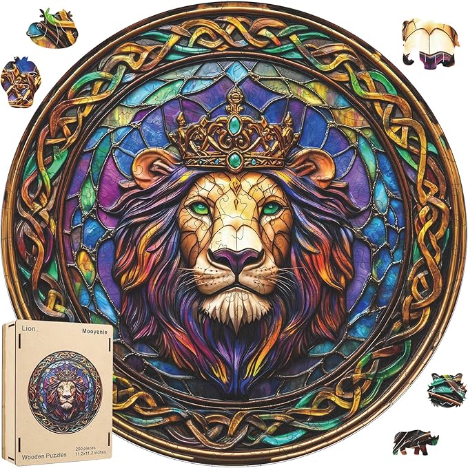 Wooden Jigsaw Puzzle, 200 Pcs Unique 3D Shape Jigsaw Puzzles, Wood Puzzle Gift Box Packing, Medium Size Letter, Creative Gift for Adults and Kids, Fun Challenging (200PCS, Lion)