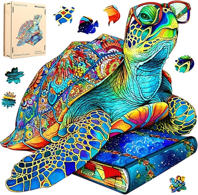 Wooden Puzzles for Adults 500 Pieces, Glasses Sea Turtle Deep Blue Jigsaw Puzzles, Unique Shape Animal Adult Puzzles, Irregular Wood Puzzles Best Gift for Adults Family Game(16.9 * 16.8 in)