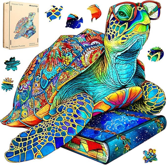 Wooden Puzzles for Adults 500 Pieces, Glasses Sea Turtle Deep Blue Jigsaw Puzzles, Unique Shape Animal Adult Puzzles, Irregular Wood Puzzles Best Gift for Adults Family Game(16.9 * 16.8 in)