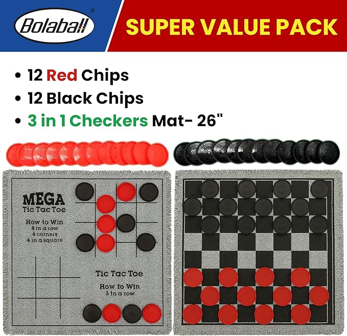 Bolaball 3-in-1 Giant Checkers, Tic Tac Toe Jumbo Game, 26"x26", Reversible Carpet, Indoor Outdoor Yard Board Game for Family and Friends with 24 Chips