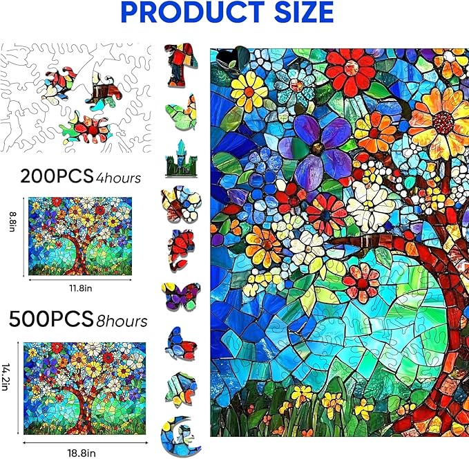 Wooden Puzzles for Adults, Tree of Life Puzzles 500 Pieces, Unique Shaped Stained Glass Jigsaw Puzzles for Adults and Kids, Birthday Gifts Fun Challenge Family Game 14.2'' x 18.8''