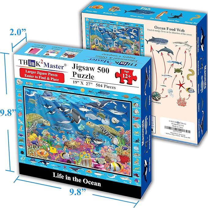 Think2Master Colorful Ocean Life 500 Pieces Large Format Jigsaw Puzzle for Kids 12+, Teens, Adults & Families. Great Gift for stimulating Learning About Coral Reefs. Size: 26.8” X 18.9”