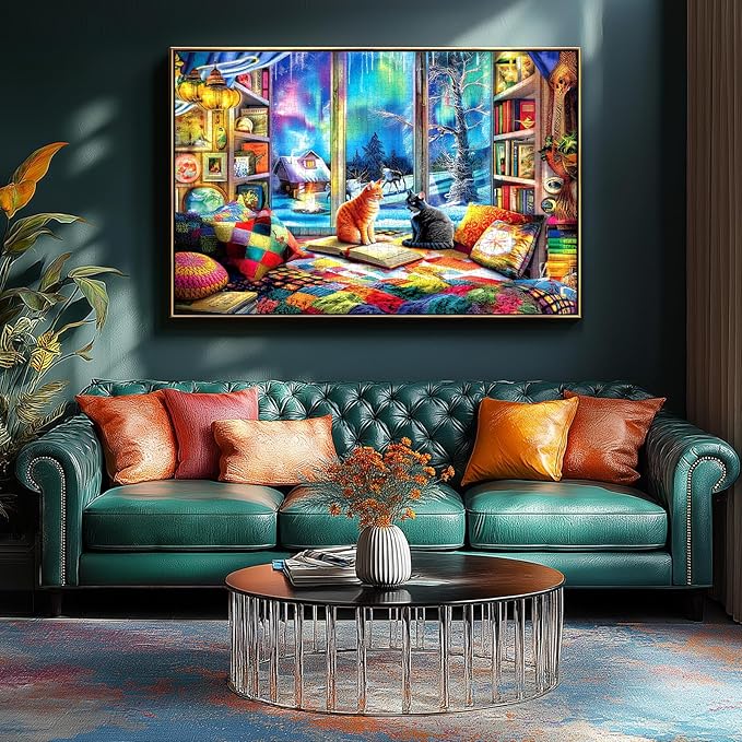 Northern Lights 1000 Piece Jigsaw Puzzle for Adults Cat Colorful Aurora Borealis Winter Scene Snowy Landscape Cozy Cabin Bookshelf Challenging Puzzle Game for Christmas Holiday Family Night (27"x19")