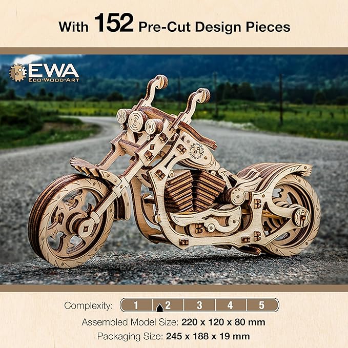 3D Puzzles for Adults - DIY Cruiser Motorcycle Model Kit with Rubber Band Engine, Functional Handlebars & Center Prop Stand - 3D Wooden Puzzle for 15 yrs Above & Adults - Eco Wood Art, 152 Pieces