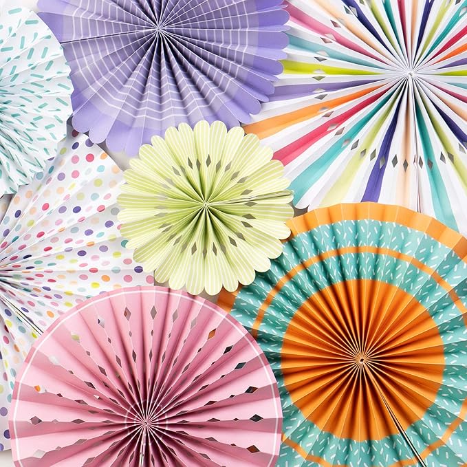 PapaKit Origami Wall Decoration Set (8 Assorted Round Paper Fans) Birthday Party Baby Shower Wedding Events Decor | Creative Art Design Pattern (Festive Colors with Mixed Patterns, 8 Piece Set)