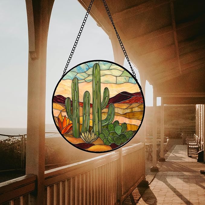 Stained Glass Window Hanging, Green Cactus Sun Catcher for Door Terrace Garden Home Decor, Abstract Desert Landscape Suncatcher Birthday Gifts for Lovers Women Men Dad Mom Nana 6.3