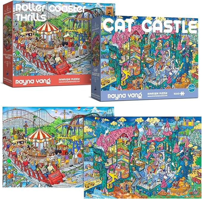 Antelope 2 in 1 1000 Piece Puzzle Bundle - Cat Castle - 1000 Piece Jigsaw Puzzle Bundle with Roller Coaster - 1000 Piece Jigsaw Puzzle