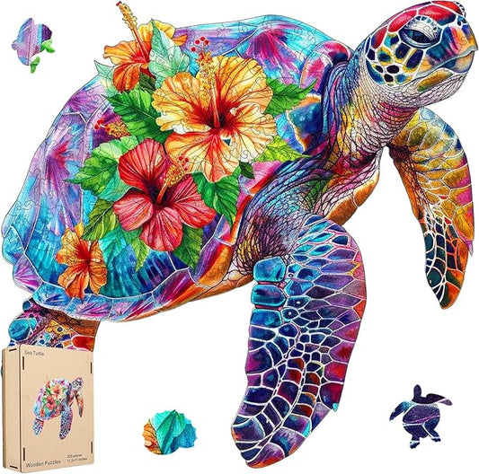 Wooden Jigsaw Puzzle, 500 Pcs Unique 3D Shape Jigsaw Puzzles, Wood Puzzle Gift Box Packing, Medium Size Letter, Creative Gift for Adults and Kids, Fun Challenging (EA2Turtle, 500PCS)