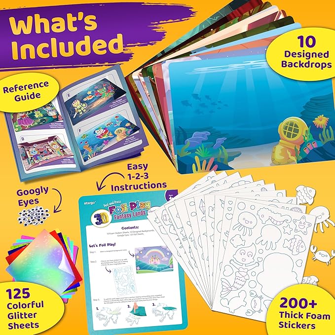 Foil Creative Art Kit for Kids, Fun Craft Set with Triple-Layer 3D Stickers & Foil Sheets – Creative Arts & Crafts for Birthday Party, Girls, Boys DIY Activity, Travel Toys, Gifts for Ages 4 5 6 7 8 9