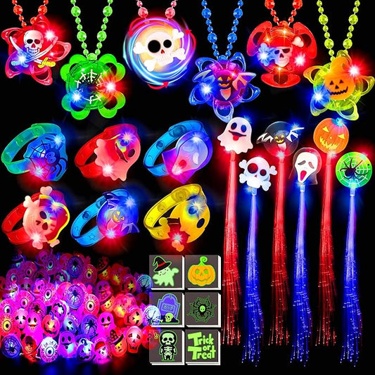 84 PCS Halloween Party Favors for Kids, Glow In The Dark Halloween Toys Bulk Light Up Rotating Necklace LED Ring Bracelet Hair Lights Halloween Treats Classroom Prizes Goodie Bag Filler Trick or Treat
