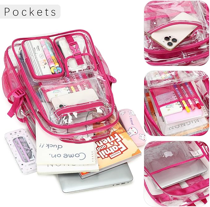 abshoo Large Clear Backpack For Girls Women School Bookbag Heavy Duty Transparent Backpacks (Hot Pink)
