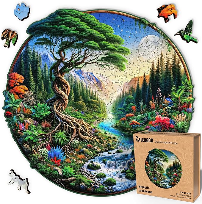 LEOGOR Wooden Jigsaw 350 Piece Puzzles for Adults (15 × 14.6 in), 350 Round Landscape Puzzle, Extra-Thick 5 mm Wood Puzzle Pieces, Unique Mosaic Shapes, Challenging and Beautiful Gift for Adults