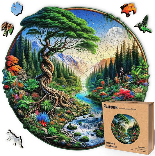 LEOGOR Wooden Jigsaw 350 Piece Puzzles for Adults (15 × 14.6 in), 350 Round Landscape Puzzle, Extra-Thick 5 mm Wood Puzzle Pieces, Unique Mosaic Shapes, Challenging and Beautiful Gift for Adults