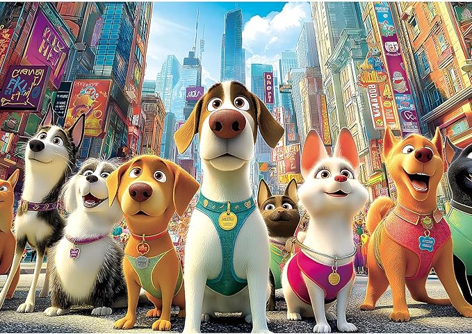 Blueforest 1000 Piece Jigsaw Puzzle for Adults, Cute Cartoon Dogs in City Street, Fun Unique Adult Puzzles for Relaxation & Family Activity 27.5x19.7 Inch