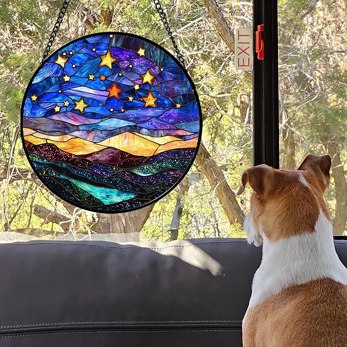 Stained Glass Window Hanging, Blue Sky Gold Stars Abstract Landscape Suncatcher for Doors Window Home Sun Catchers Decor Mother's Day Birthday Gifts for Women, Men Mom 7.8 in