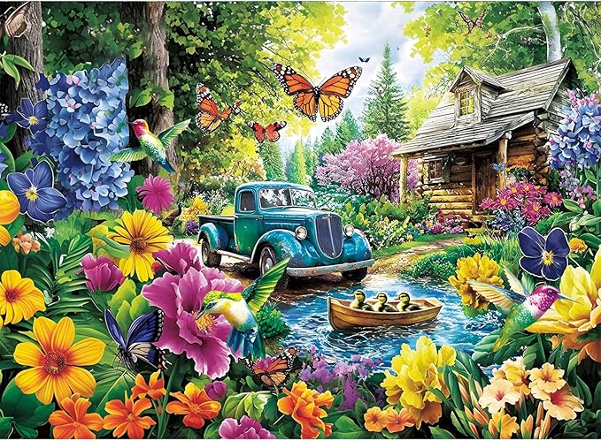 300 Piece Puzzles for Adults,Lake House Jigsaw Puzzle for Adults Kids Elderly,Large Piece Landscape Puzzle for Kids Age 8-10 10-12,Challenging Truck Bird Flower Puzzle,Family Game Great Gift 20.5x15in