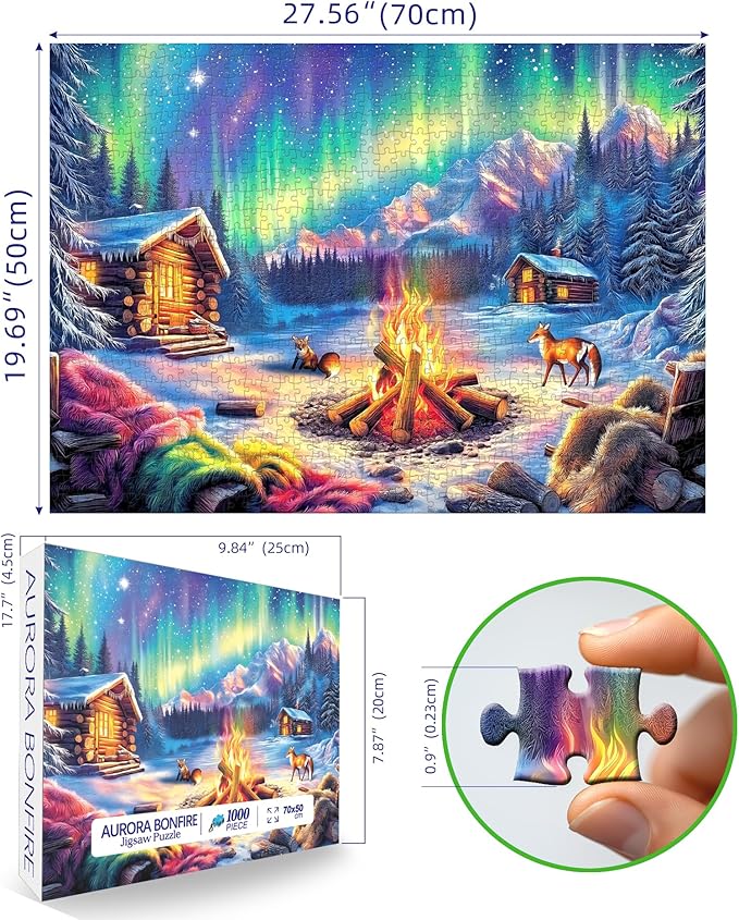 Blueforest 1000 Piece Jigsaw Puzzles for Adults, Northern Lights & Cozy Cabin Winter Bonfire - Impossible Challenging Difficult Puzzle with Aurora, Wildlife & Hygge Gift-Ready Art (27.5"x19.7")
