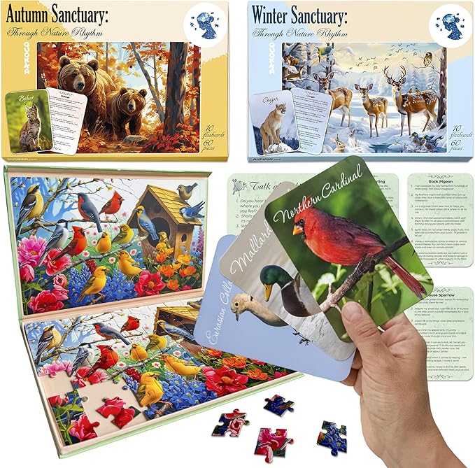 QUOKKA 60 Pieces Dementia Puzzles for Elderly - 3SET Large Piece Puzzles for Seniors - 9 Memory Flashcards with Facts I 25 Discussion Prompts per Puzzle - Alzheimer's Activities Products for Elderly