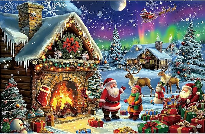 Christmas 500 Piece Jigsaw Puzzles for Adults Northern Lights Cabin Puzzle Santa Reindeer Scene Winter Holiday Landscape Puzzle with Letters on Back Art Fun Festive Gift for Family Seniors (23x15in)
