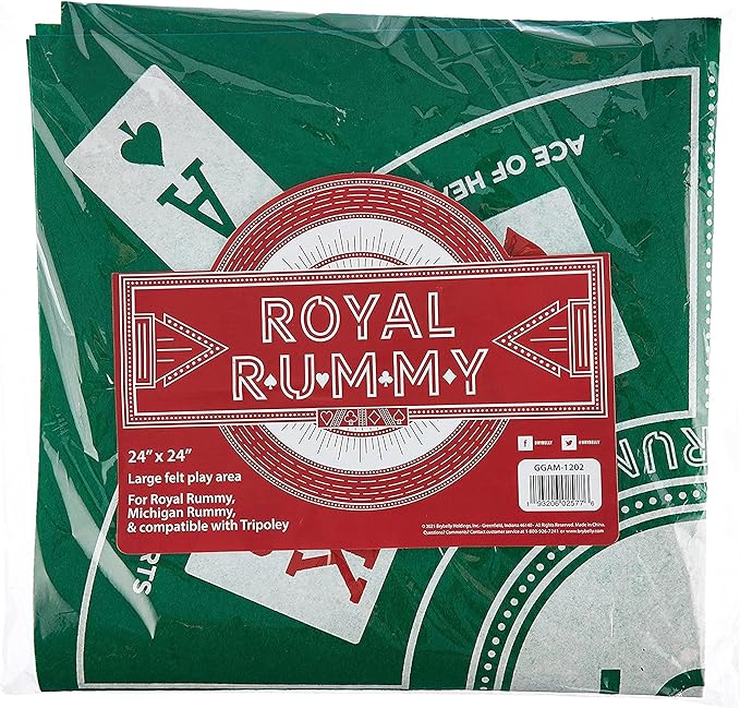 MBGBrybelly Royal Rummy Play Mat - 24" x 24" Green Felt Mat - Classic Family Casino Card Games of Bets and Bluffs - for Fans of Poker, Michigan Rummy, and Rummy Games - 30+ Min Gameplay, 2-9 Players