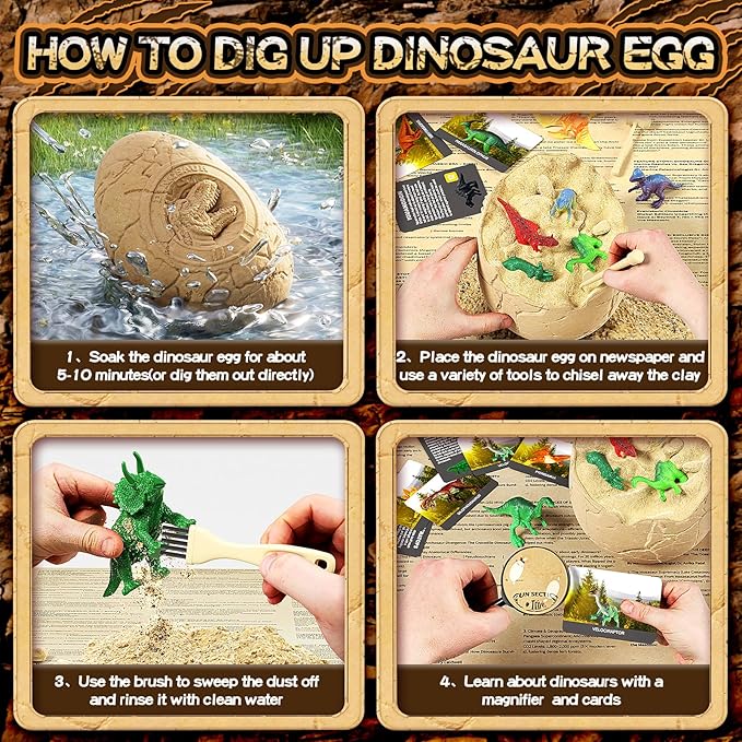 24 Dinosaurs Excavation Kit, Dino Egg Dig Kit with Magnifier, Surprise Dinosaur Toys for Kids 3 4 5 6 7 8 9 10 11 12 Years Old, Science Experiments STEM Birthday Party Favors Gifts for Boys & Girls