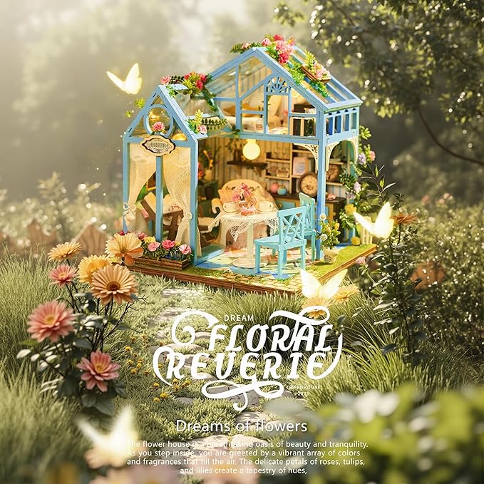 [2025 New] Floral Reverie Miniature House Kit with LED Light, Book Nook Kit with Cover for Birthday, 3D Wooden Bookends Puzzle Bookshelf Decor Building Kit Birthday Gifts for Family, Friends