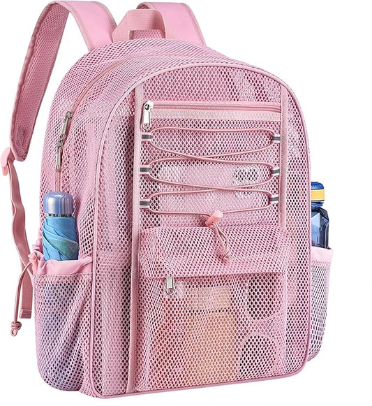 Mesh Backpack Heavy Duty for School, 24L Large Mesh Bookbag for Adults, Black School Bag with Comfort Padded Straps for Work Swimming Beach Fitness Sport(Pink)