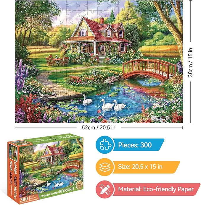 300 Piece Jigsaw Puzzle for Adults – Dream Garden Floral Cottage, Creek & Geese – Premium Relaxing Puzzle Game for Home Decor or Gift (20.5" × 15")