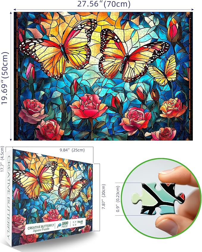 Blueforest 1000 Piece Stained Glass Butterfly Puzzle - Vibrant Mosaic Flower Garden Jigsaw Puzzle, Complex Art Therapy Puzzles for Adults, Framable Wall Decor 27.5"x19.7"