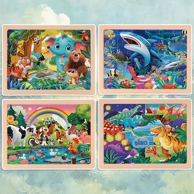 24PCS Wooden Puzzles for Kids Ages 4-6, 4 in 1 Box, Preschool Educational Toys Birthday Gifts Puzzles for 3 4 5 6 7 8 Year Old Boy Girls, Animal