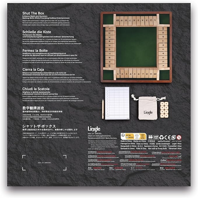 Shut The Box Dice Game, 2-4 Player Wooden Board Table Math Games, Classic Shut The Box Board Game