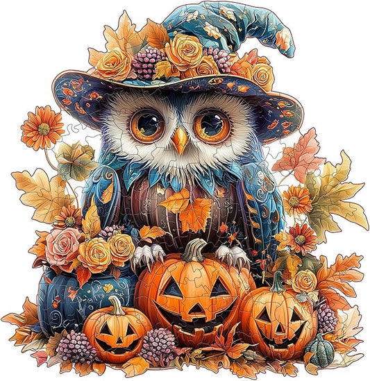 Wooden Puzzles for Adults - 200 Pieces Halloween Owl Puzzle - Unique Animal Shapes Wooden Jigsaw Puzzles for Adults - Eco-Friendly Animal Puzzle Home Office Decor (M-11.4 * 11.4in)