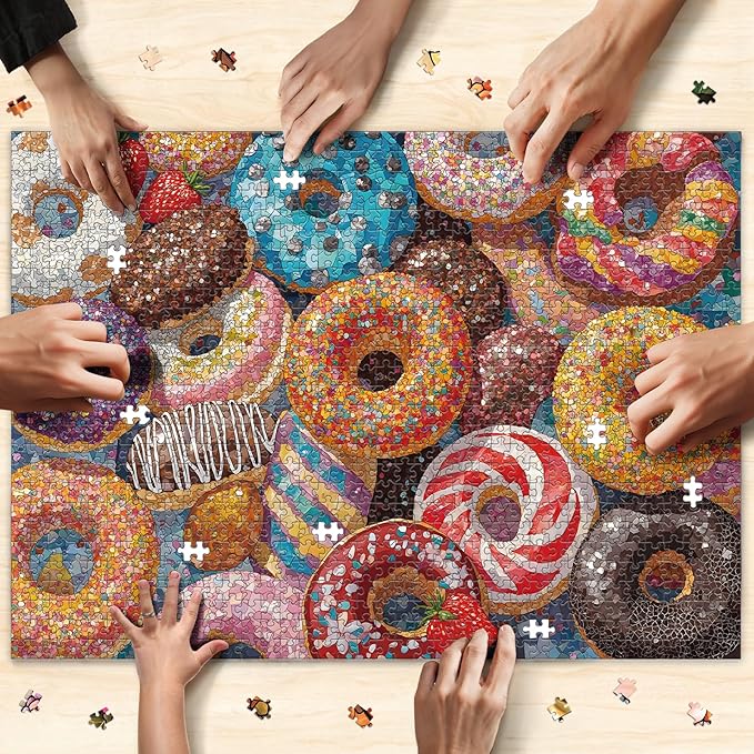Donut Puzzles for Adults 1000 Pieces, 6 Colors on Back Jigsaw Puzzles, Pieces Fit Together Perfectly, Puzzle Size 26.6x19.2 in