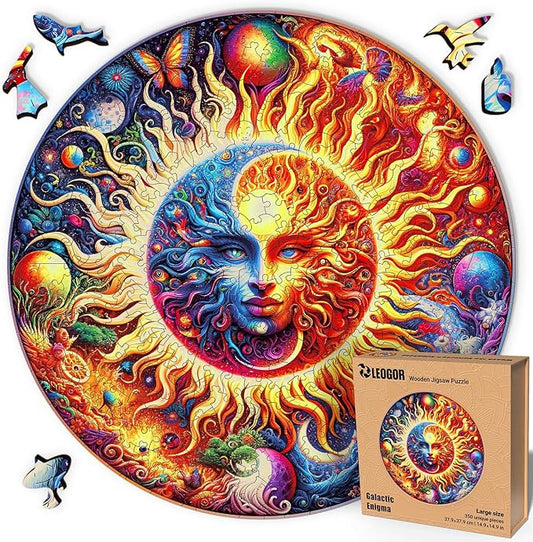 LEOGOR Wooden Jigsaw Puzzles for Adults 350 Pieces (14.9 × 14.9 in), Sun Moon Puzzle, Extra-Thick 5mm Wood, Round Mosaic Design with Unique Animal Shapes, Challenging Artistic Gift for Adults