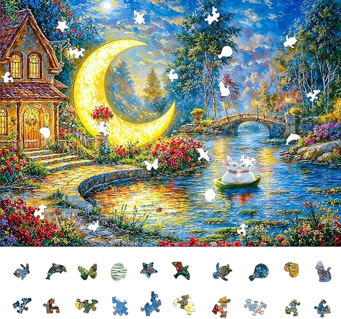 Jigsaw Puzzles for Adults 1000 Pieces, Painting Art Rabbit Moon Night Brain Challenging Unique Shaped Puzzle for Game Night, Family, Friends, Gift Puzzle