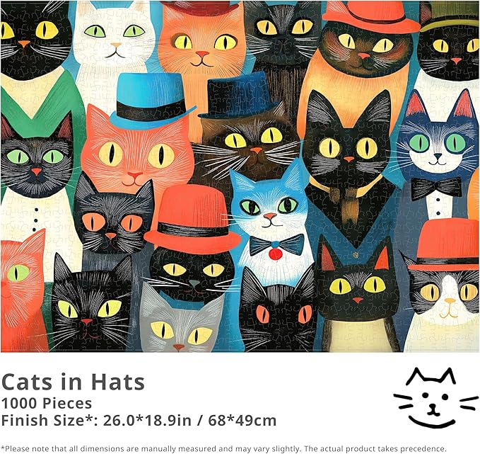 rokr&razo, Cats in Hats, Cute 1000 Pieces Jigsaw Puzzles for Adults, Finish Size 26.0 * 18.9in