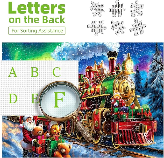 Christmas Train 500 Piece Jigsaw Puzzle for Adults Holiday Northern Lights Winter Town Scene Santa Puzzle Cute Bears Festive Fun Gift Family Games for Adults Seniors & Families (23x15in)