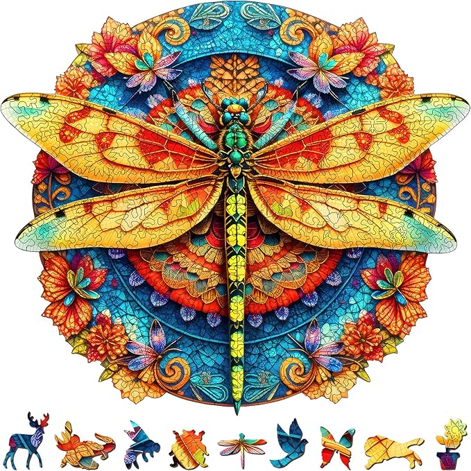 Colorful Dragonfly Wooden Puzzle, 45x40cm Unique Animal Shaped Wood Jigsaw Puzzle, 467 Pieces Large Size Adult Wooden Puzzles, Artistic Insect & Floral Puzzle, Ideal for Adults