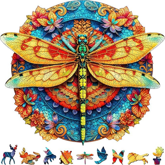 Colorful Dragonfly Wooden Puzzle, 45x40cm Unique Animal Shaped Wood Jigsaw Puzzle, 467 Pieces Large Size Adult Wooden Puzzles, Artistic Insect & Floral Puzzle, Ideal for Adults