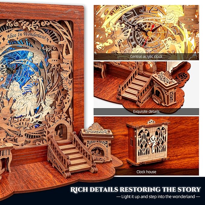 Alice in Wonderland LED 3D Puzzle Nightlight - DIY Book Lamp with Clock - 3D Wood Puzzles Nightlight Home Décor for Kids and Adults