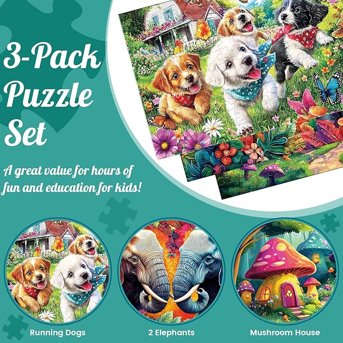 3-Pack 100 Piece Puzzles for Kids,Running Dogs Elephant Mushroom Puzzle for Kids Age 4-6 6-8 8-10,Unique Large Piece Jigsaw Puzzle,Recycled Paper,Bright & Colorful Educational Puzzle,Boys Girls Gift