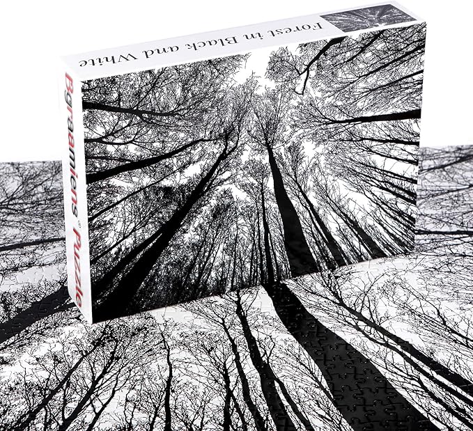 Bgraamiens Puzzle-Forest in Black and White-1000 Pieces Creative Black and White Nature Scenery Hard Puzzle Blue Board Jigsaw Puzzle