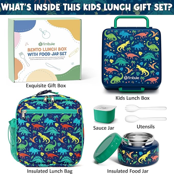 Fimibuke Bento lunch Box Set for Kids Adult with 8oz Thermos Food Jar, Insulated Lunch Bag &Sauce Cup, Leakproof Dishwasher Safe Toddler Lunch Food Container with 3-4 Compartment for School Girls Boys