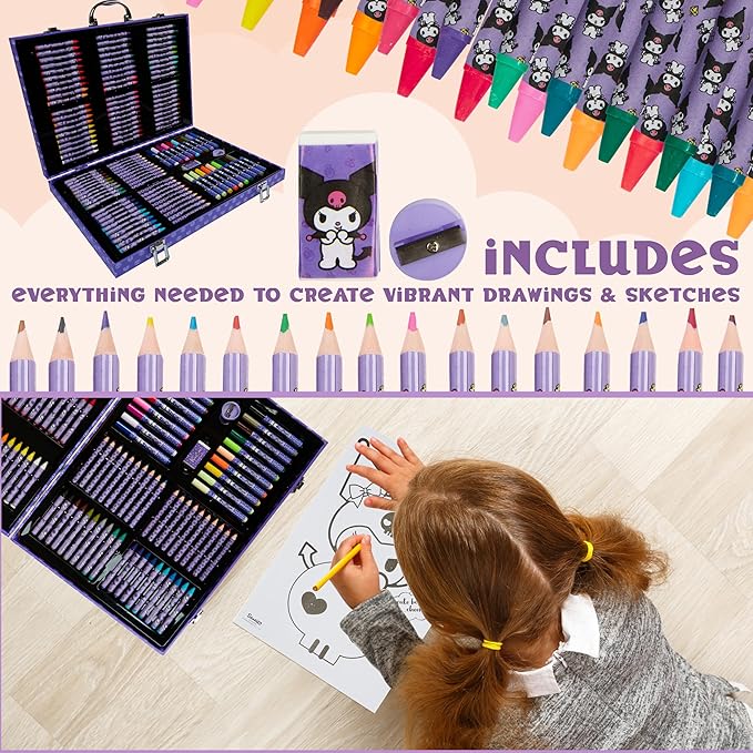 Hello Kitty Sanrio Kuromi Art Supplies for Kids, Colored Pencils, Markers, Crayons, Kawaii Drawing Kit, Stationary, Art Kit, Gifts for Girls (Purple Kuromi)