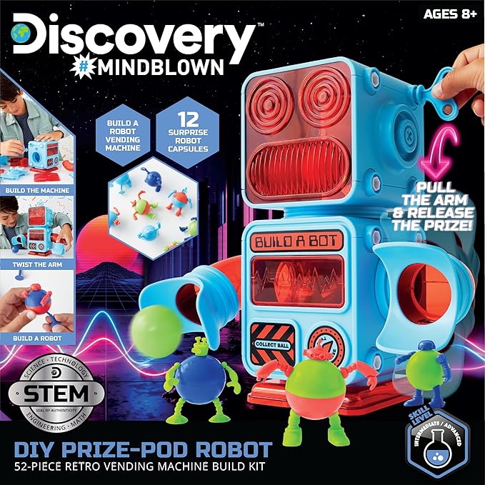 Discovery DIY Prize-Pod Robot Kit, 52-Piece Vending Machine Building Set, 12 Transforming Capsules, Educational Science Experiment, Engineering STEM Project, Robotics Toy Gift Kids Age 8+