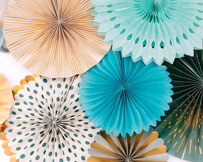 PapaKit Origami Wall Decoration Set (8 Assorted Round Paper Fans) Birthday Party Baby Shower Wedding Events Decor | Creative Art Design Pattern (Sage Green with Metallic Gold Accent)