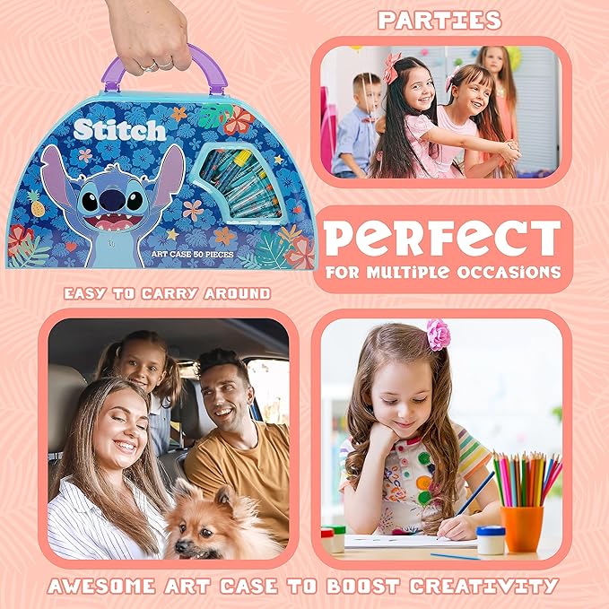 Disney Stitch Kids Art Set 40 Plus Pieces Princess Kids Colouring Sets Paints Colouring Pencils Markers Crayons Travel Art Supplies Gifts for Kids (Blue Stitch Set)