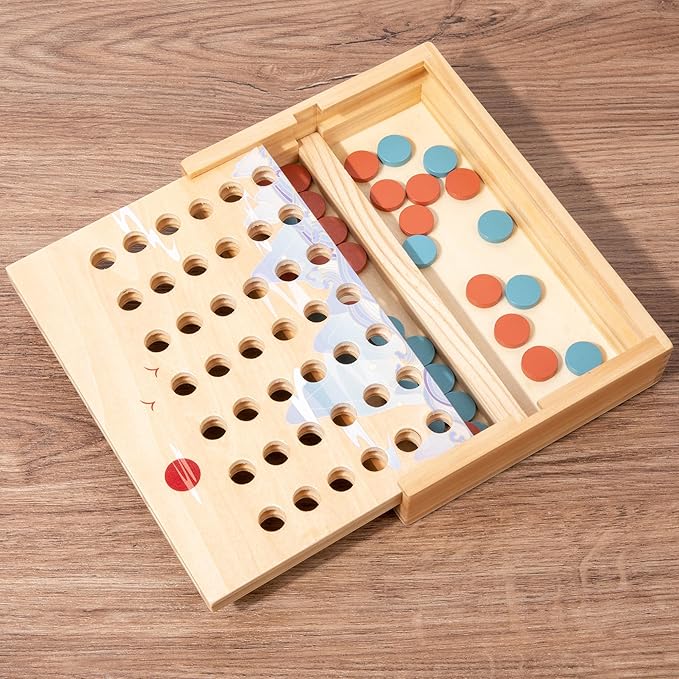 Wooden 4 in a Row Game - Classic Strategy Game for Adults Children-Connecting 4 Same Color Connection Rows- Travel Game Family Checkerboard Game Toys Adult Gift with Unique Printed Patterns.